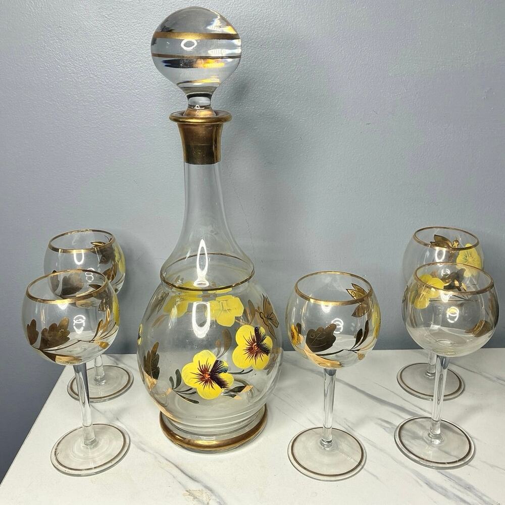 Vintage Butterfly & Pansy Decanter Set 6 Cordial Glasses Gold Trim